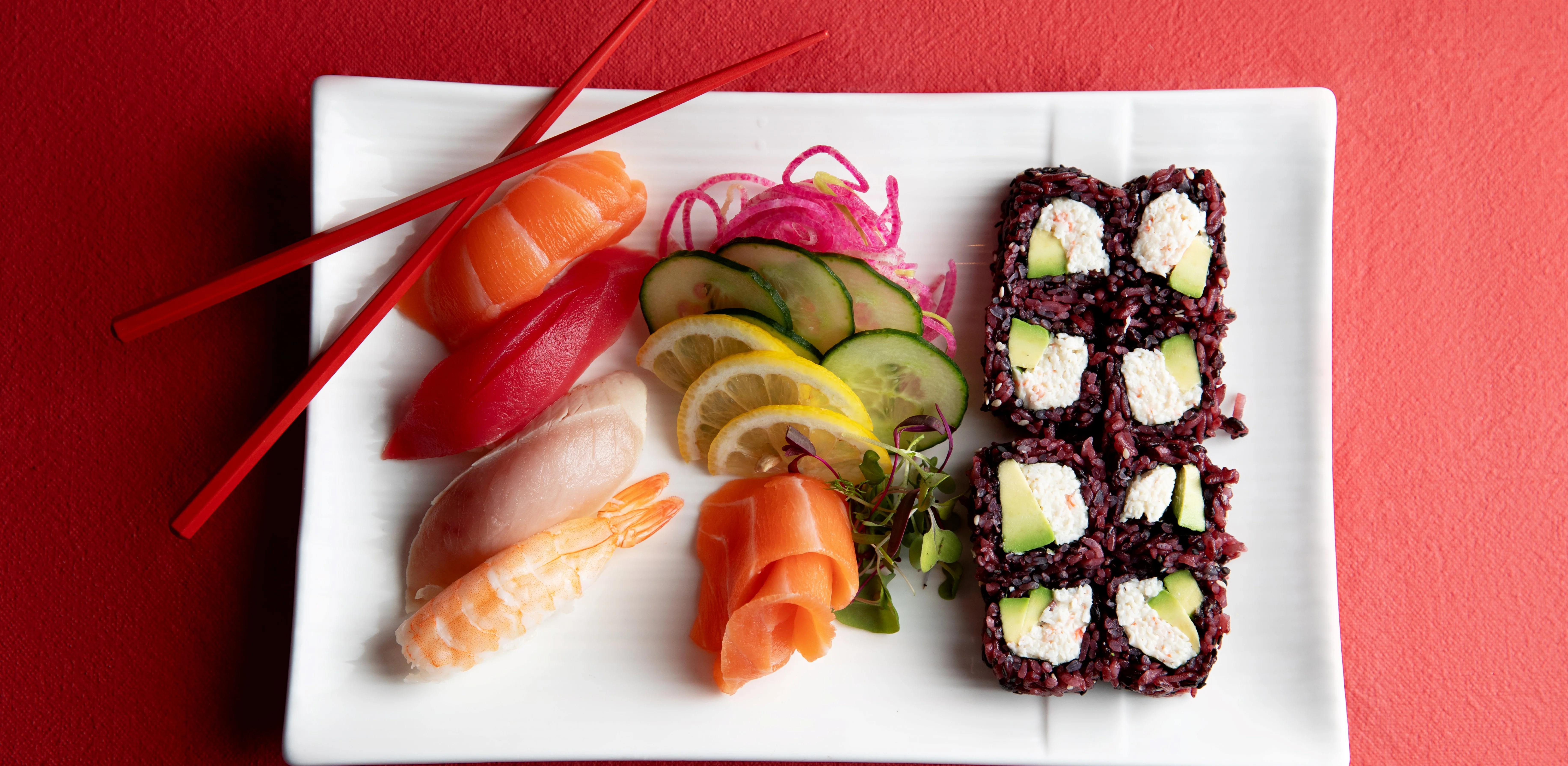 Japanese sushi platter with assorted nigiri and maki rolls