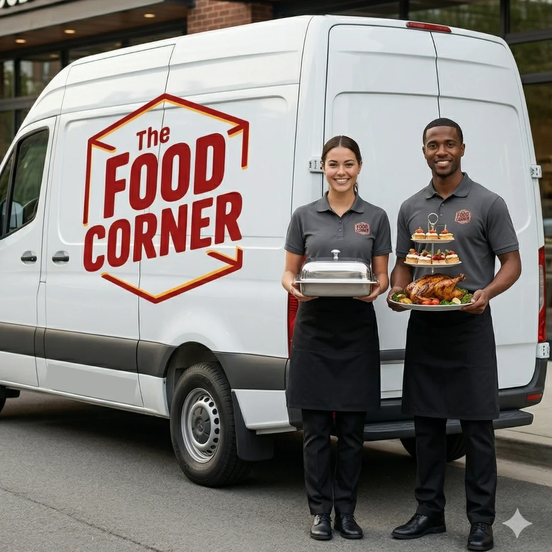 Modern catering services promotional post with vibrant orange design.