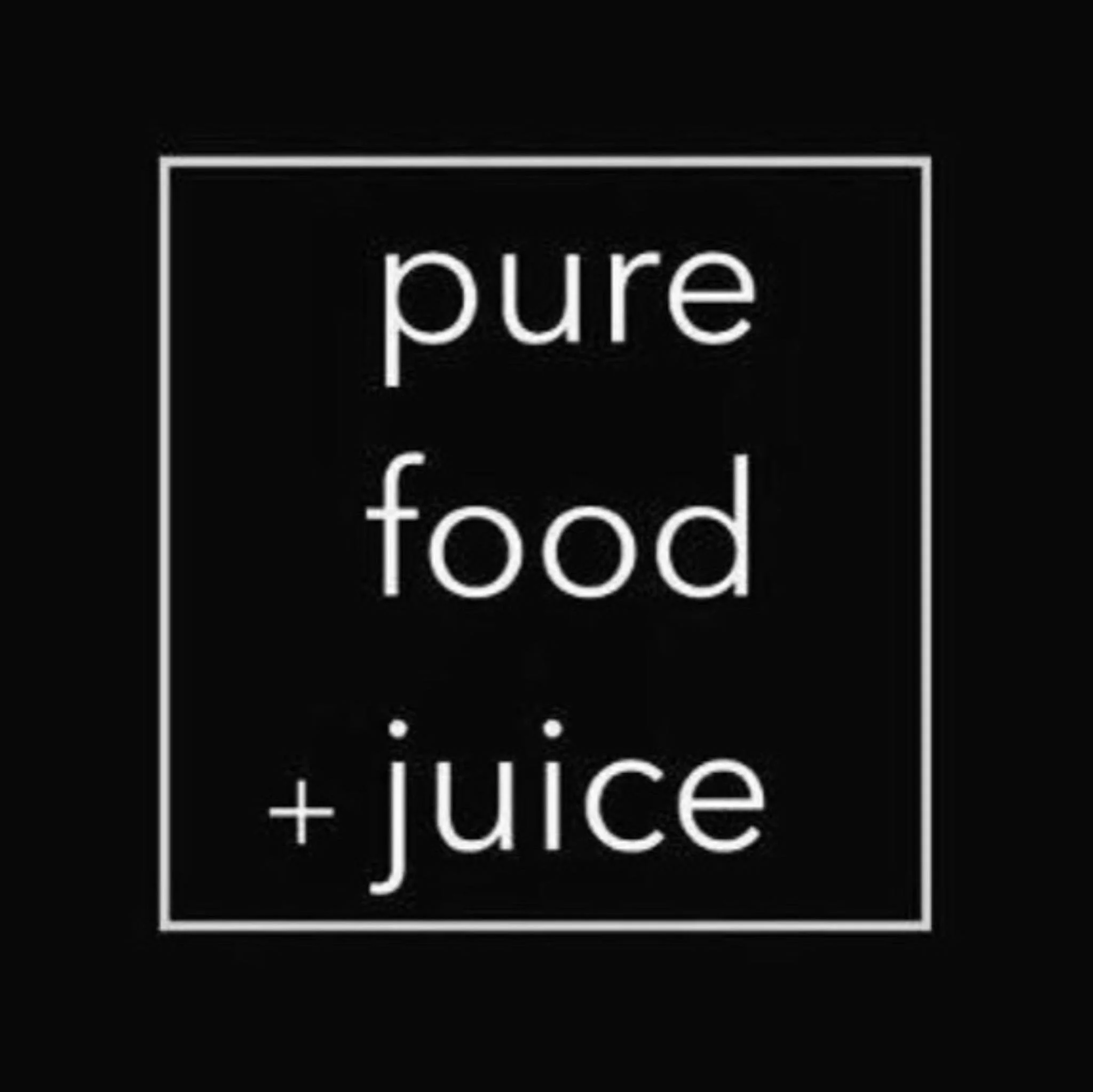 A minimalist logo featuring the words 'pure food + juice' in white against a black background.