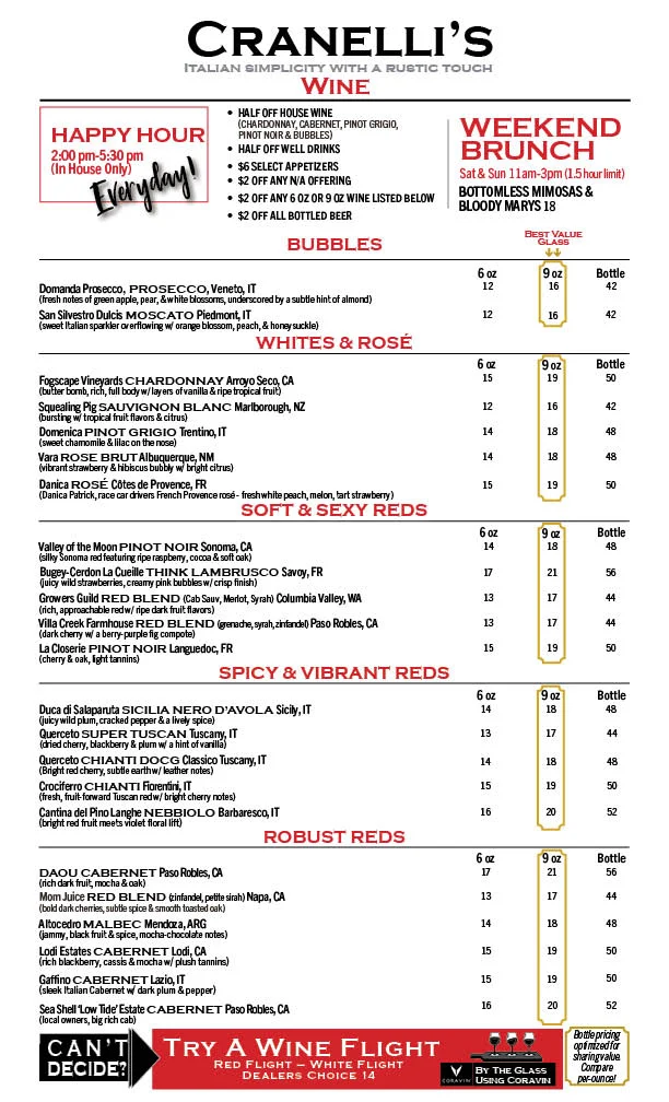 Wine menu featuring Italian selections at Cranelli's Italian Restaurant