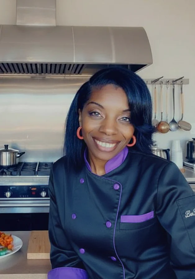 Chef smiling in a modern kitchen with fresh ingredients
