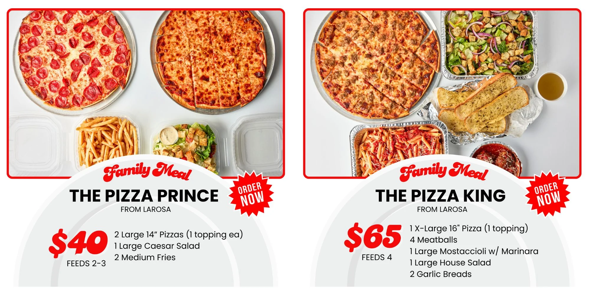 Family meal featuring large pizzas and sides from an Italian restaurant