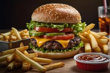 Classic American cheeseburger with fries