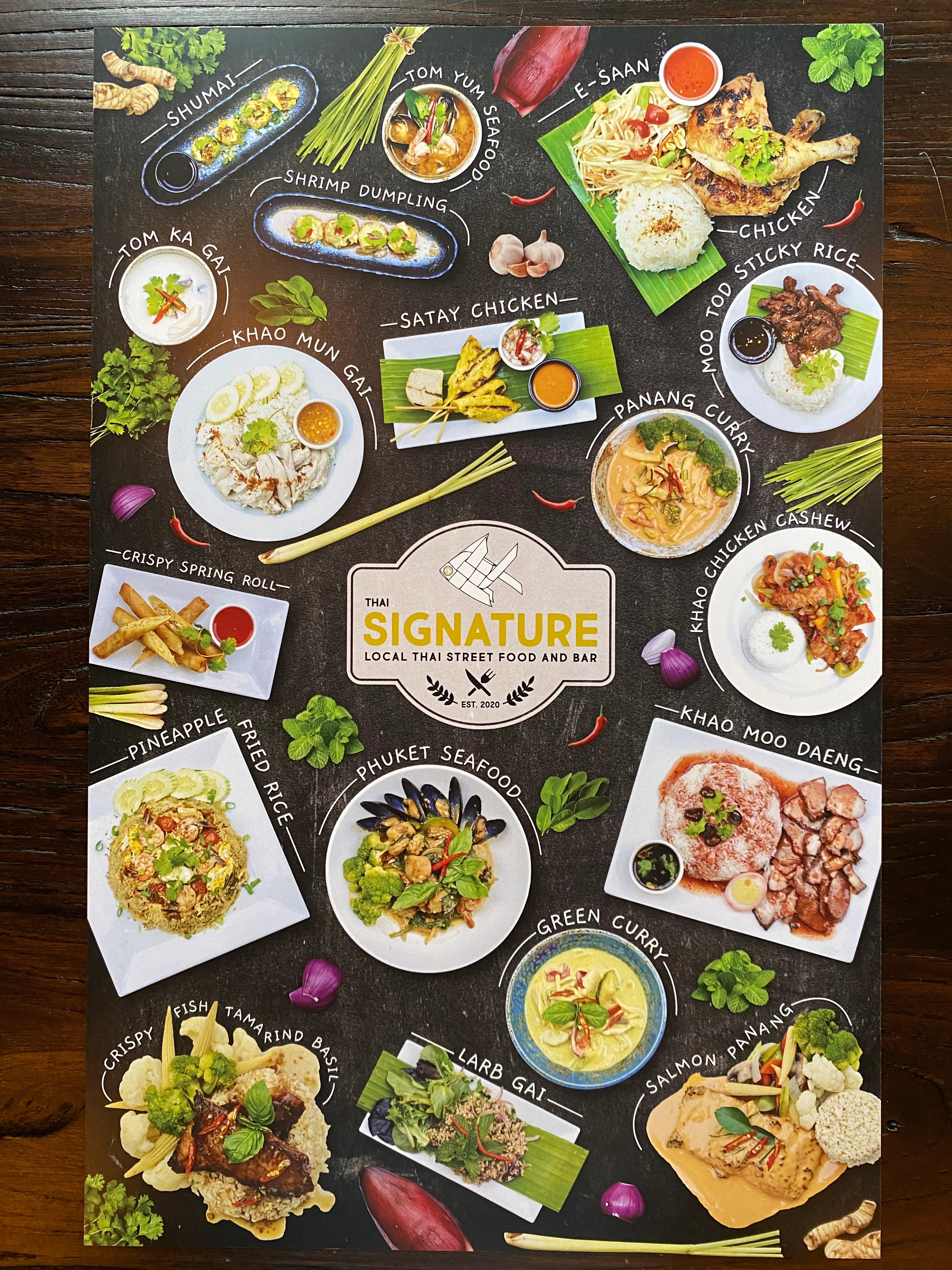 Thai street food menu featuring signature dishes