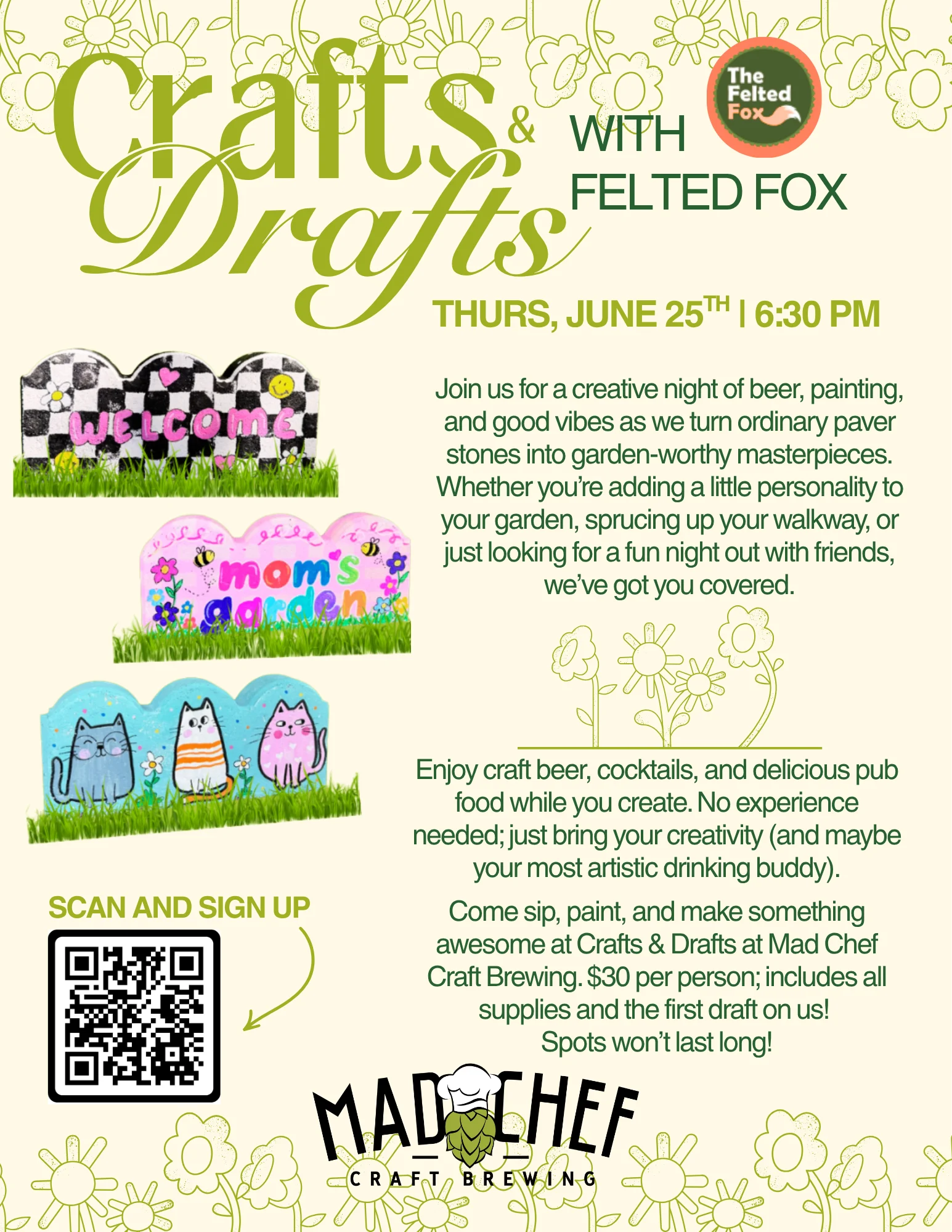 Craft beer and painting event flyer for garden stone art