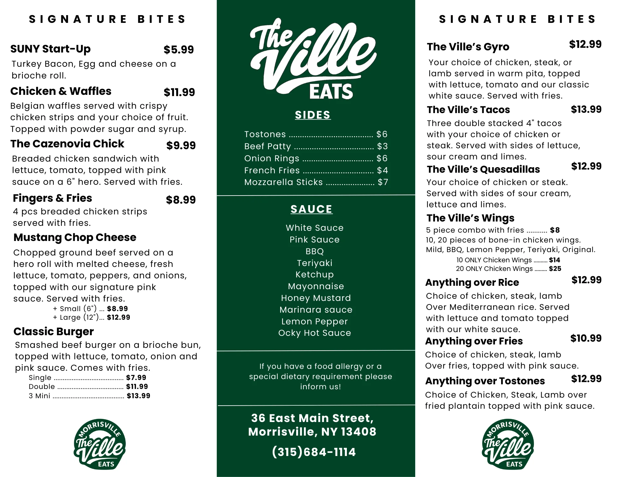Menu featuring diverse American comfort food dishes