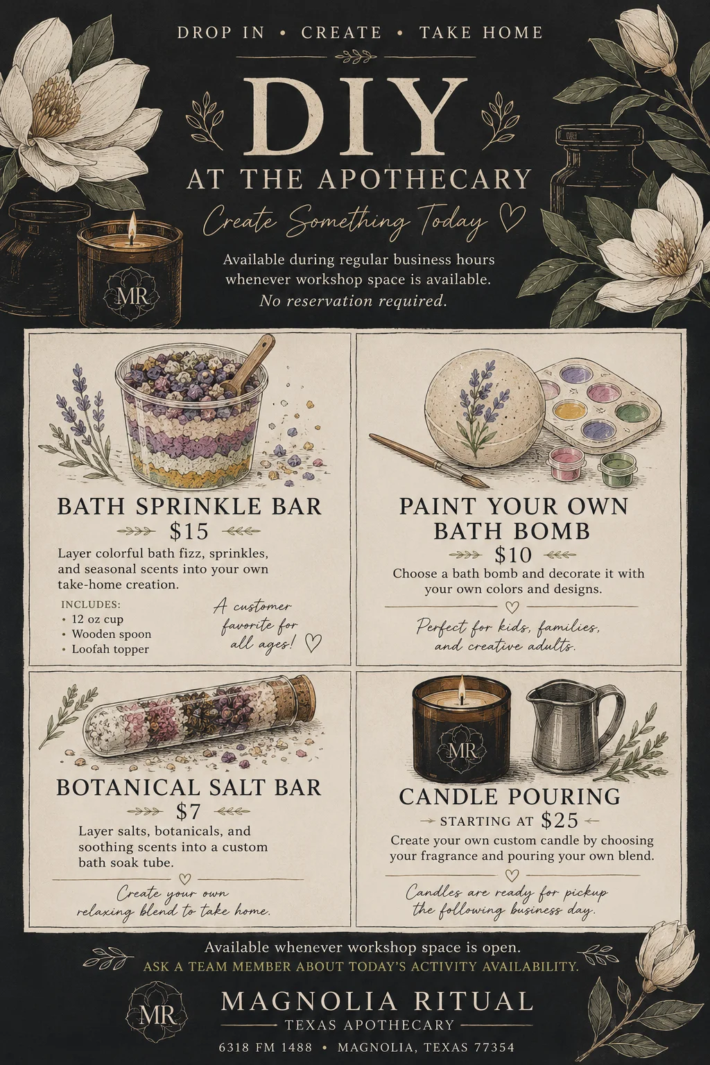 DIY apothecary workshop offerings for bath and candle making