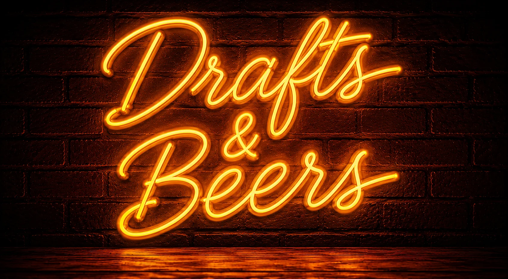 Neon sign reading 'Drafts & Beers' on a brick wall