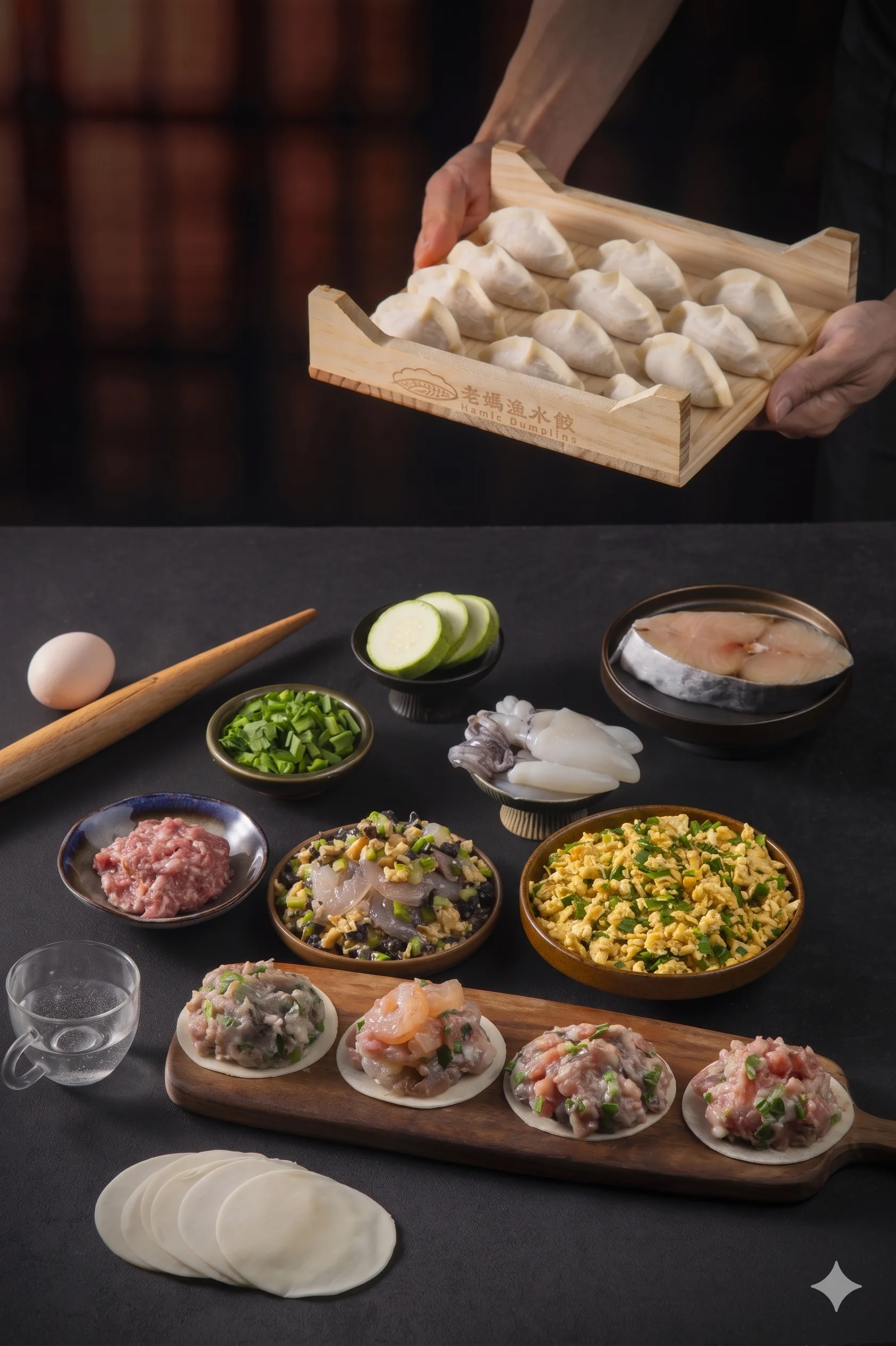 A variety of dumplings and fresh ingredients on a dark table.