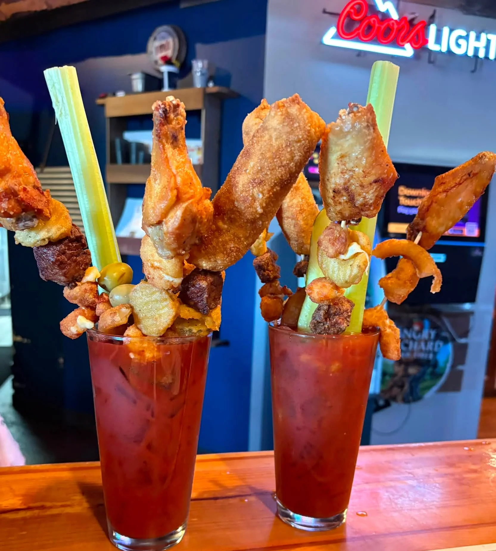 Unique Bloody Mary garnished with fried chicken wings