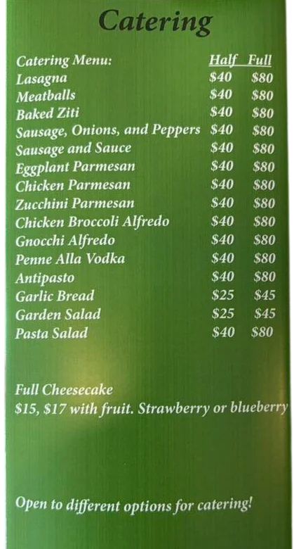 Catering menu with prices for Italian dishes and desserts.