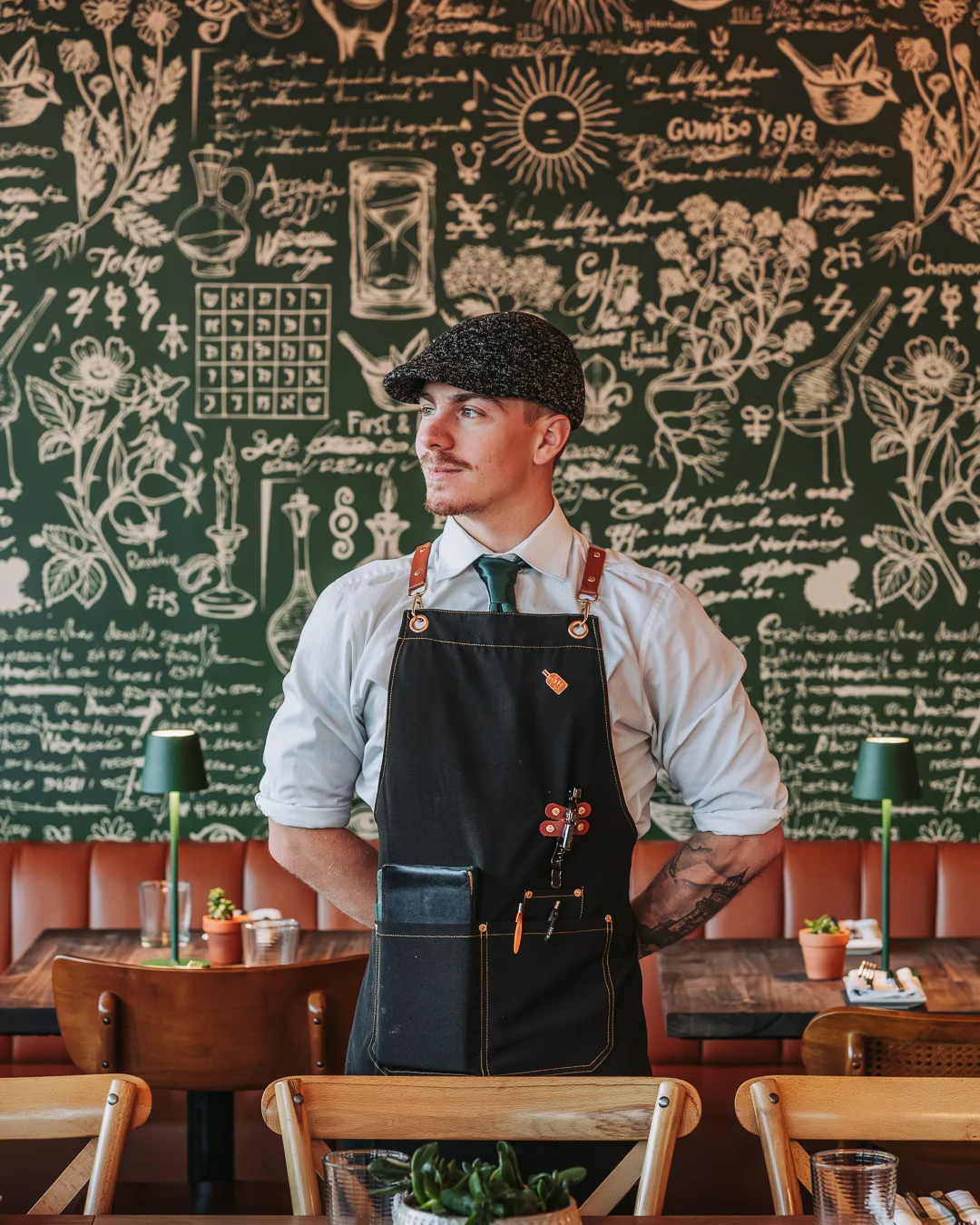 Bartender in a stylish restaurant with a chalkboard mural