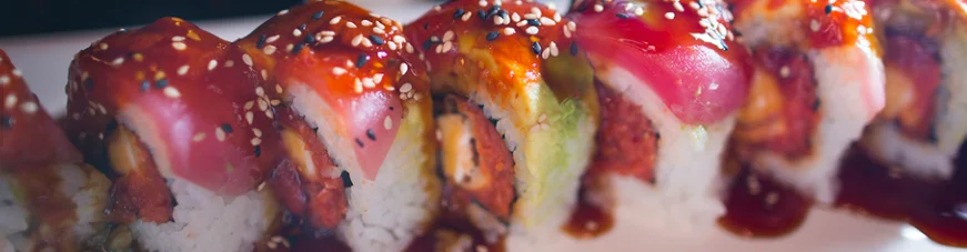 Colorful sushi rolls with vibrant toppings