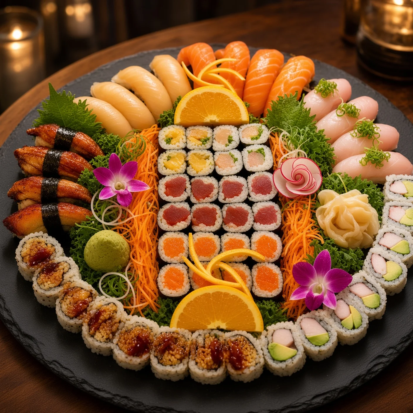 A vibrant plate of sushi rolls topped with slices of fish and drizzled with sauce, served with a side of dipping sauce.
