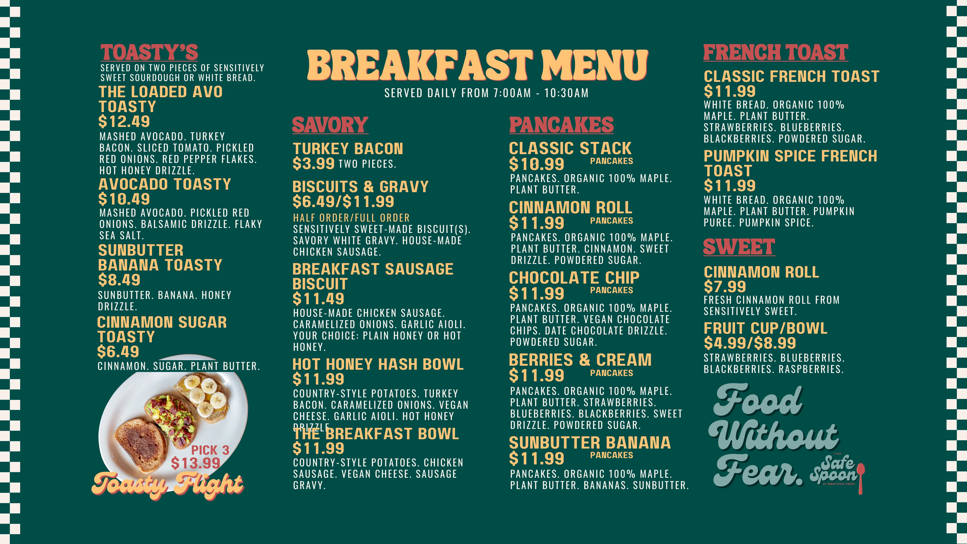 Breakfast menu featuring various toasts and pancakes