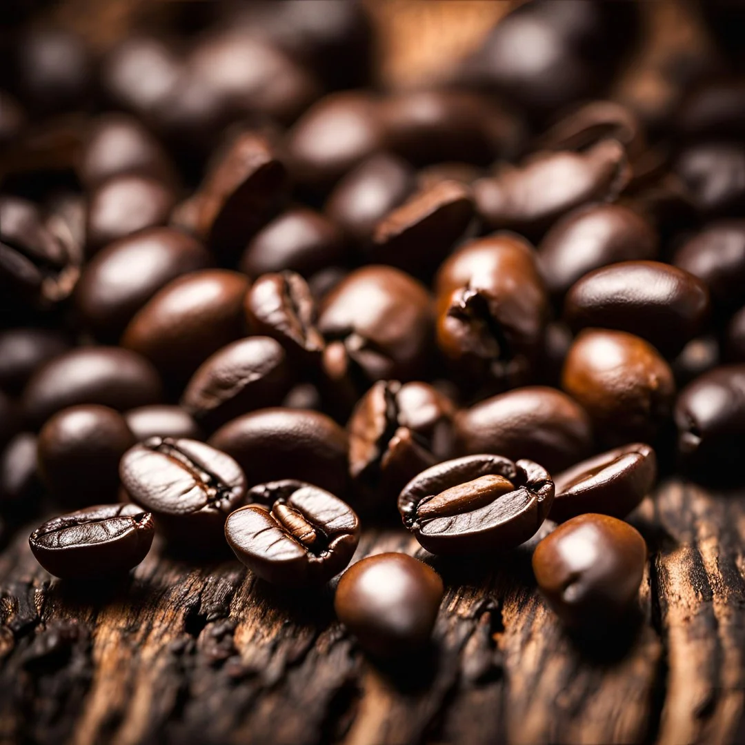 Freshly roasted coffee beans on rustic wood