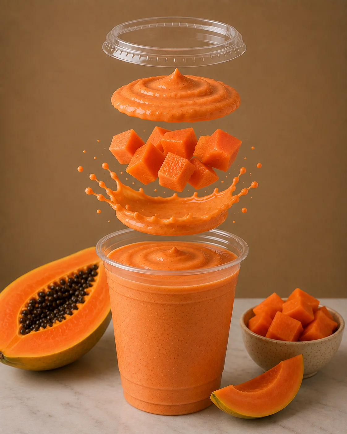 A refreshing smoothie made from blended papaya, topped with diced papaya cubes. The smoothie is in a clear cup, splashing liquid around.