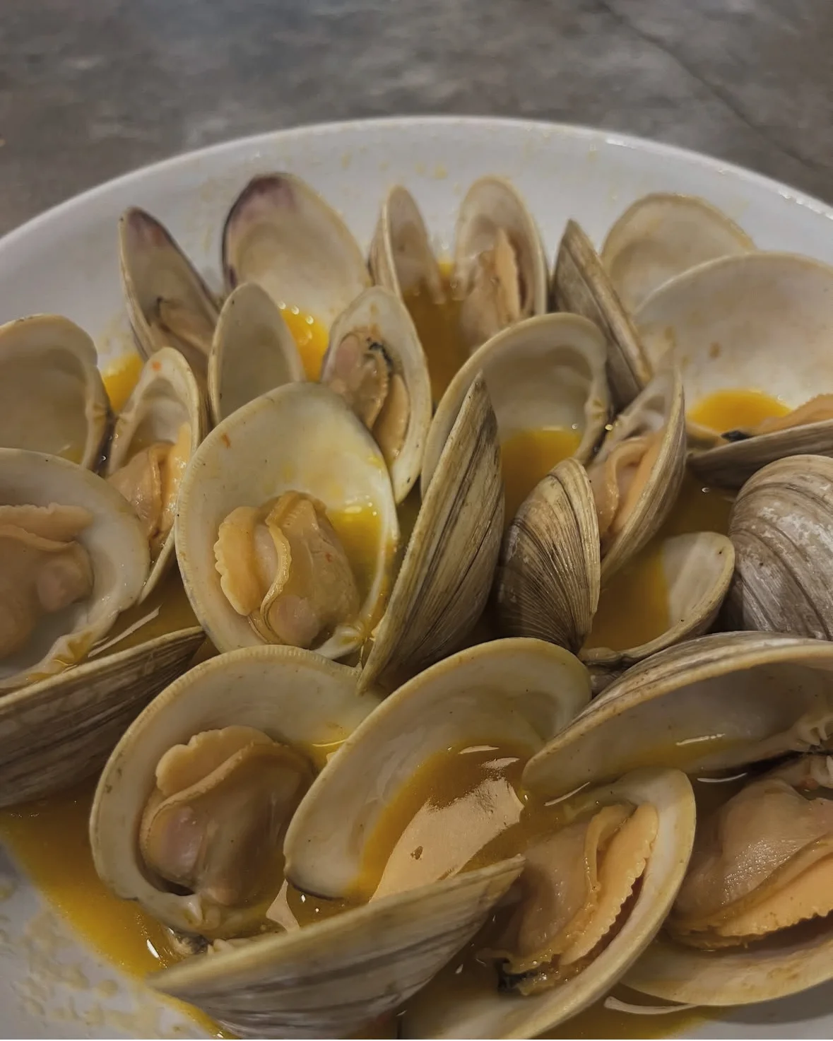Plate of steamed clams in savory broth