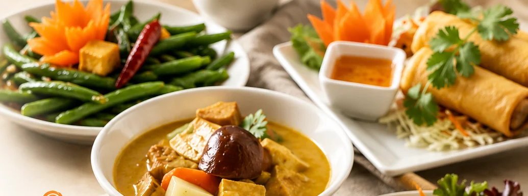 Authentic Thai curry with spring rolls and shrimp fritters