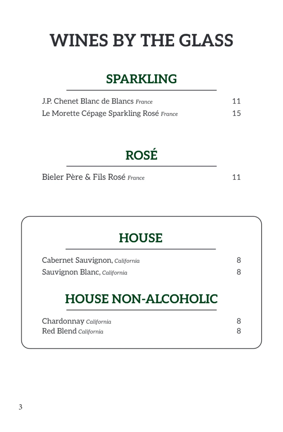 Bar menu page featuring various drink options and prices.