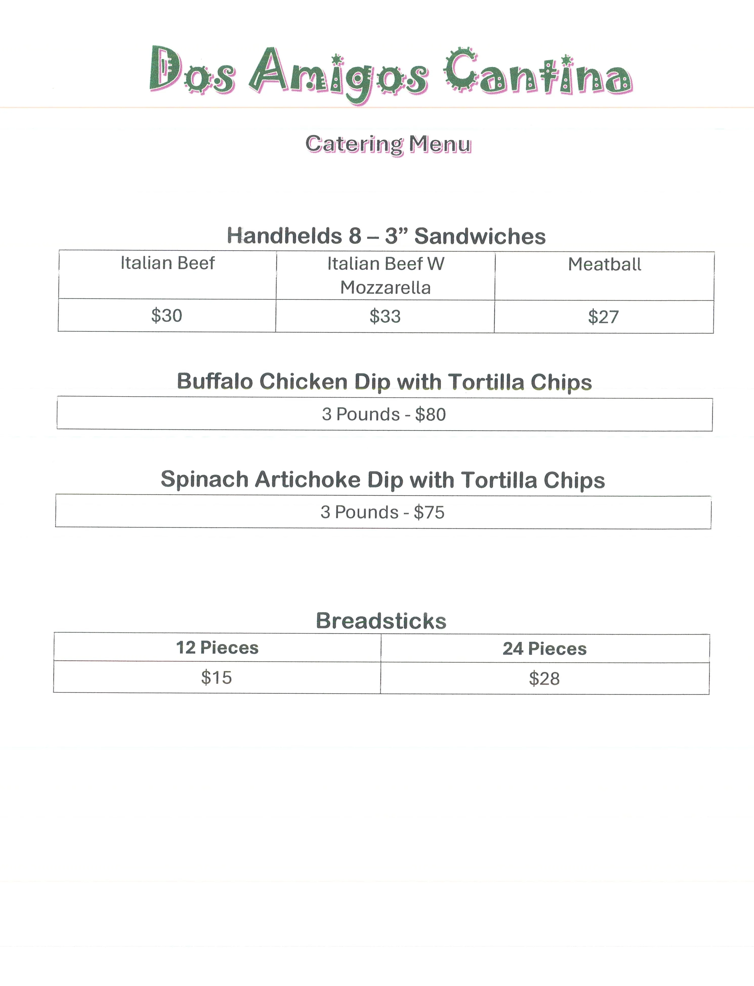 Catering menu featuring Italian sandwiches and dips