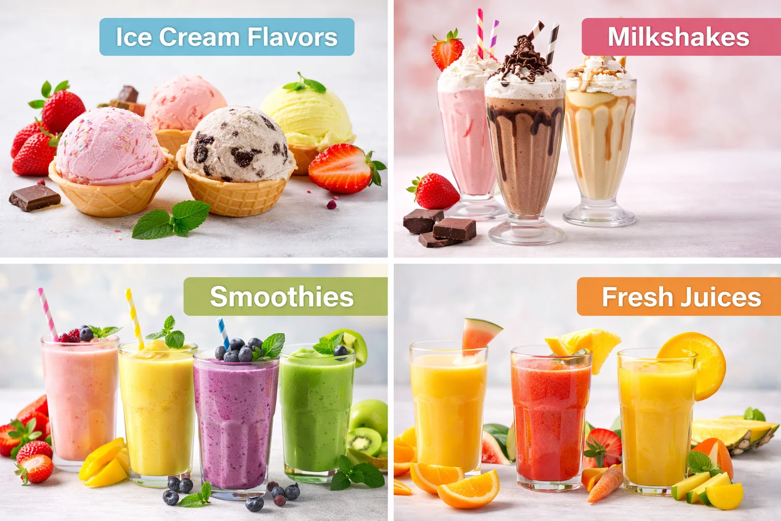 Variety of ice cream, milkshakes, smoothies, and fresh juices in colorful glasses