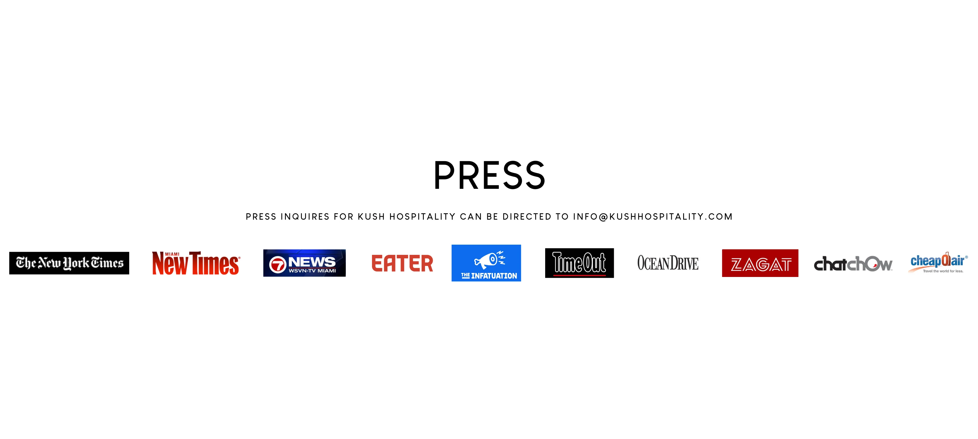 Press logos for Kush Hospitality media inquiries