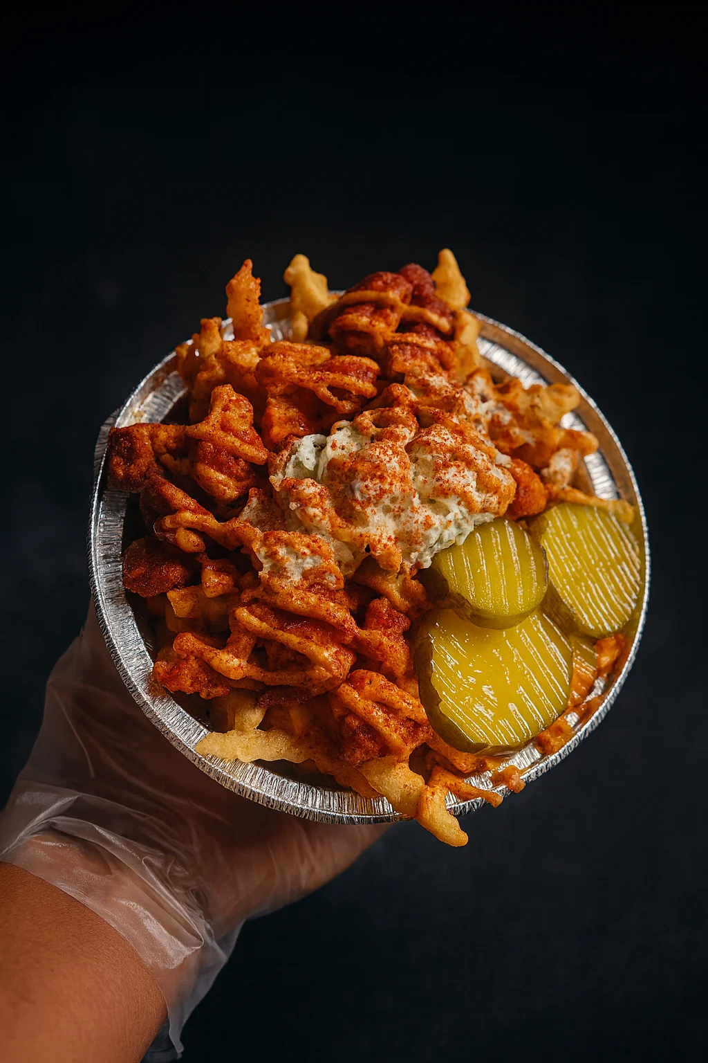 A serving of seasoned crispy fries topped with a creamy sauce and pickles, presented in a round aluminum container.