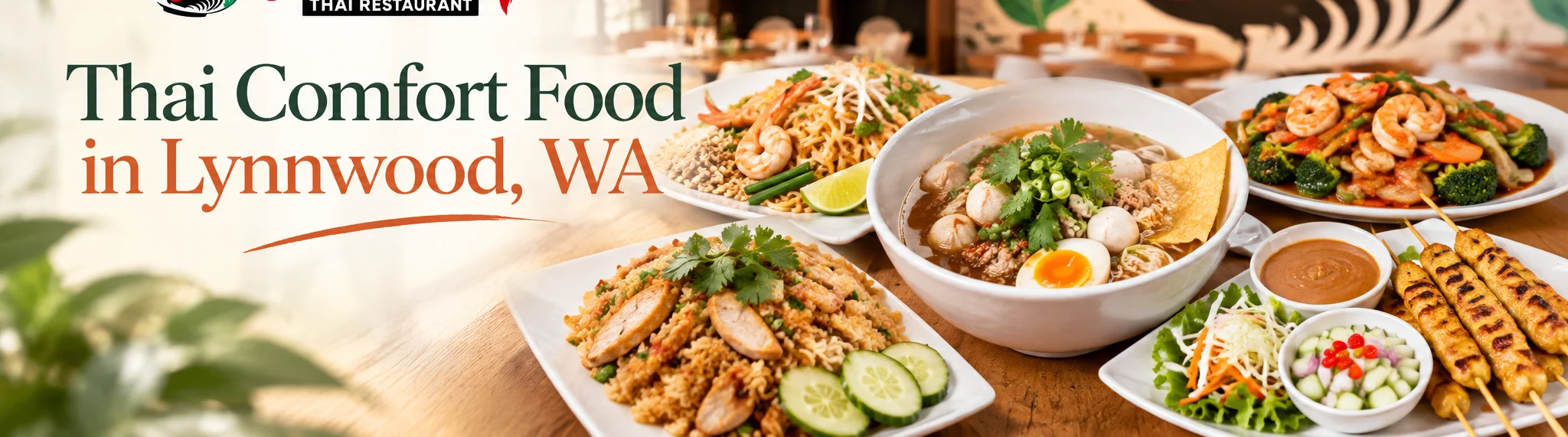 Thai restaurant promotional banner with assorted Thai dishes and elegant dining interior