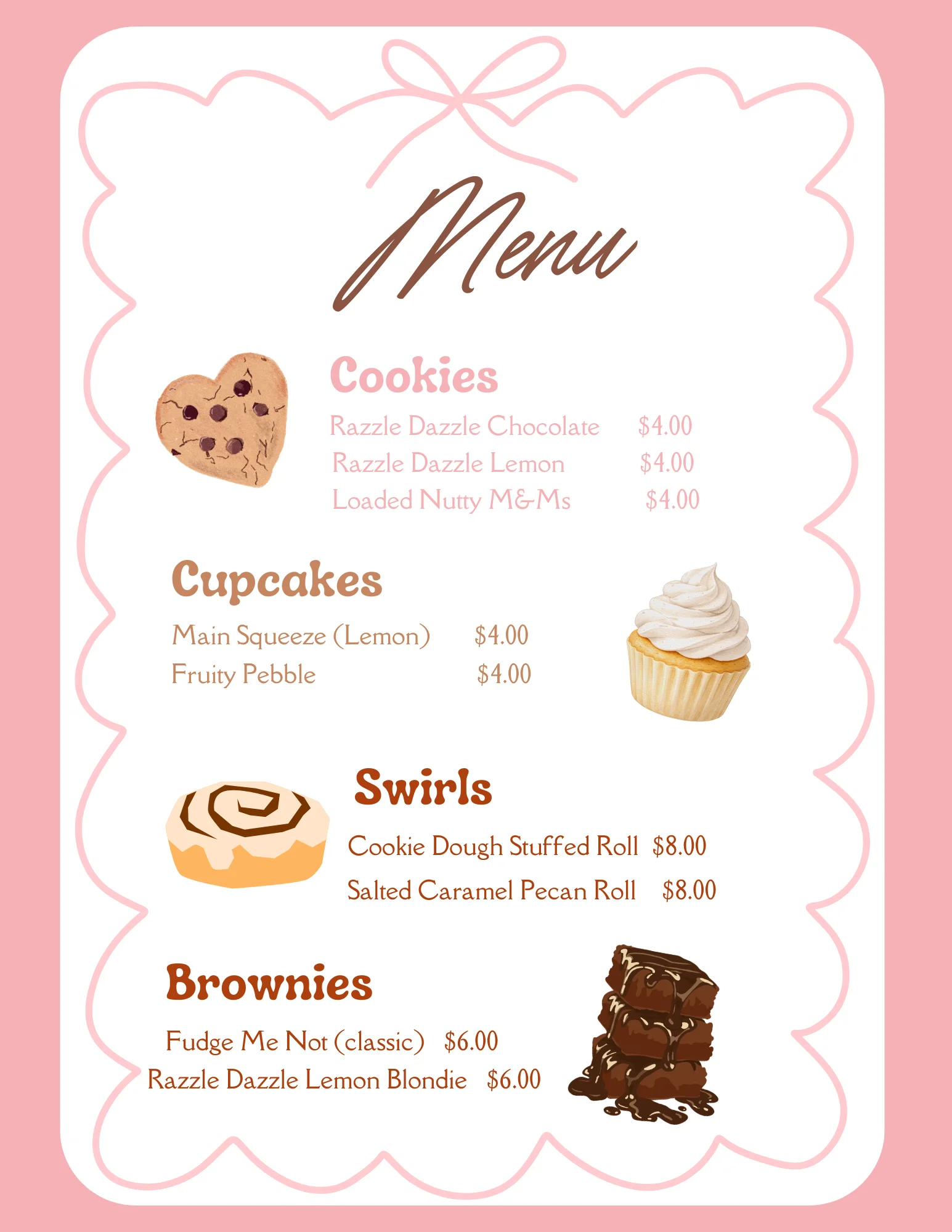 Menu showcasing a variety of delicious dishes and beverages.