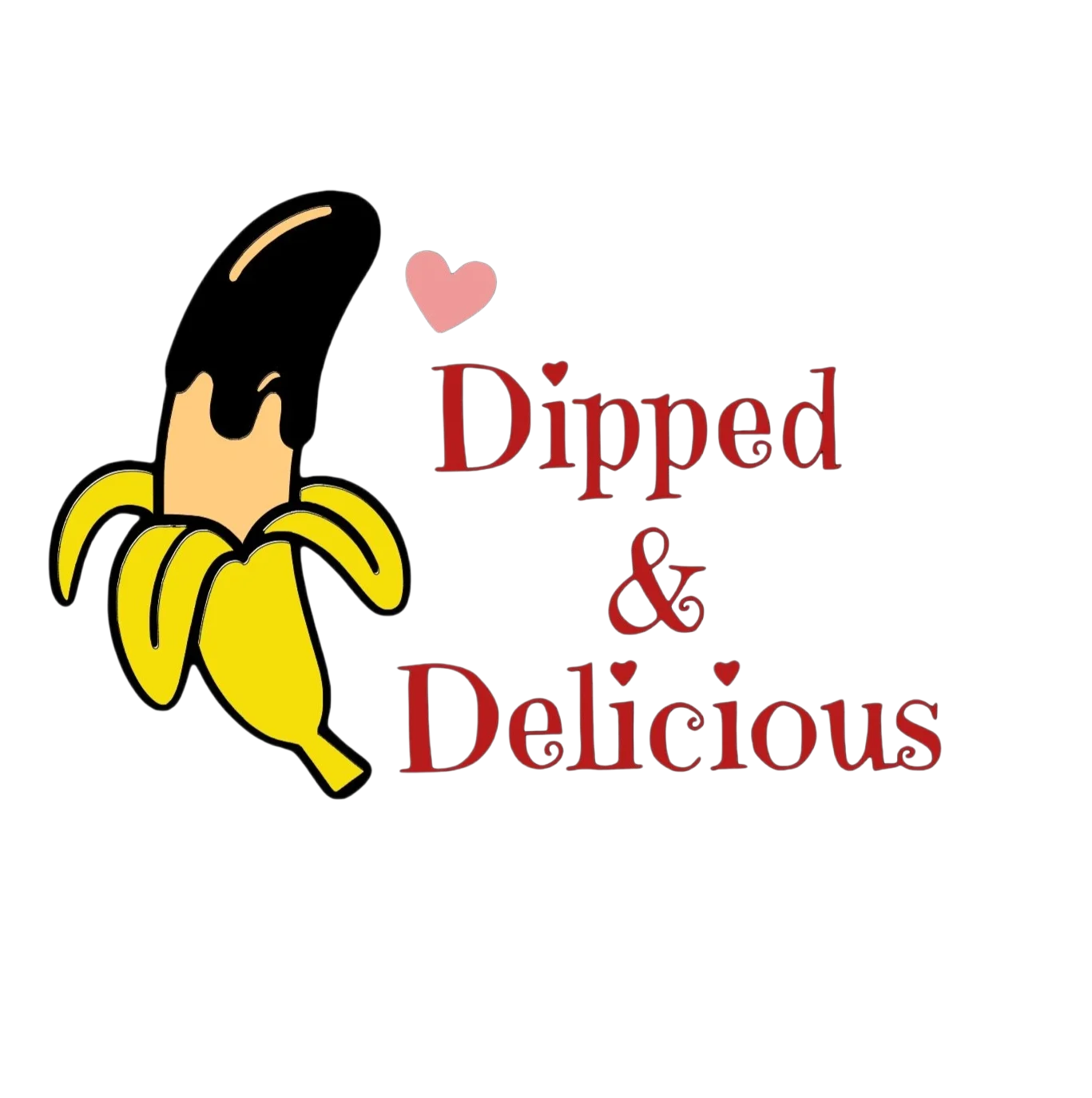 A cartoonish design featuring a banana partially covered in chocolate, accompanied by the text 'Dipped & Delicious' in playful fonts.