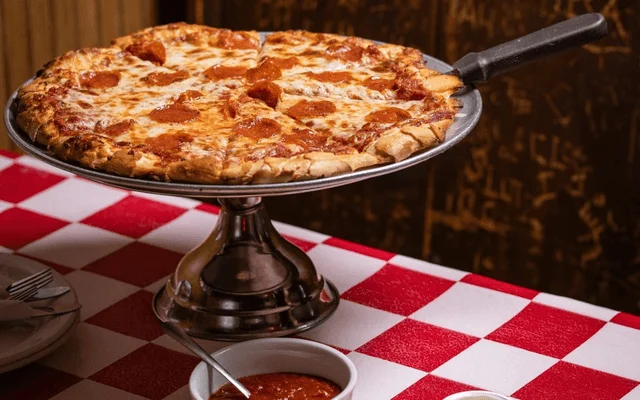 A closeup of pizza on a tray