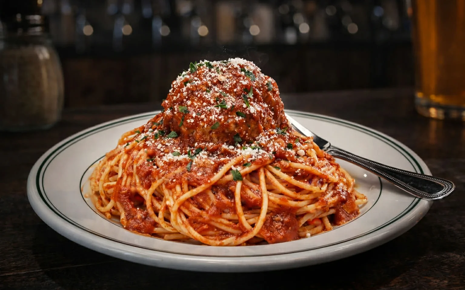 Classic spaghetti and meatballs in marinara sauce