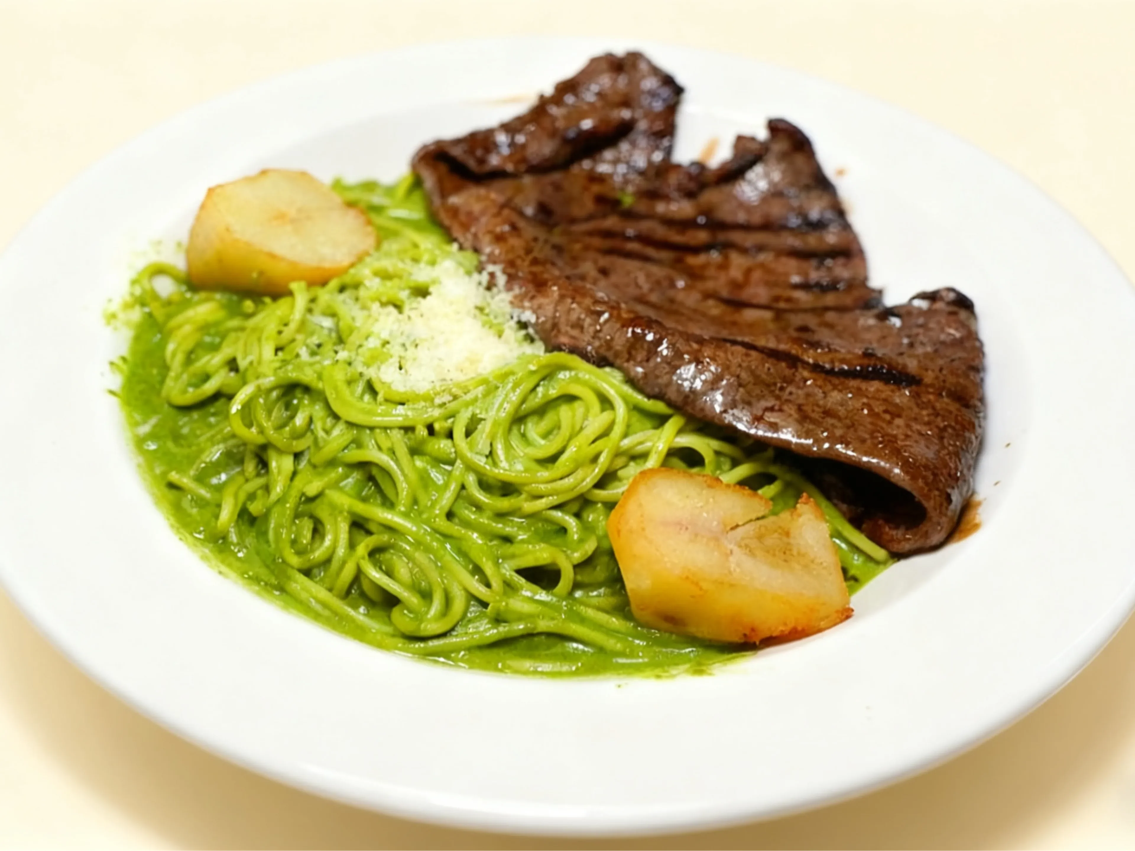 Grilled steak with green spaghetti in Italian style