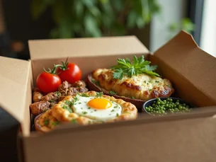 Delicious brunch box with baked eggs and fresh tomatoes