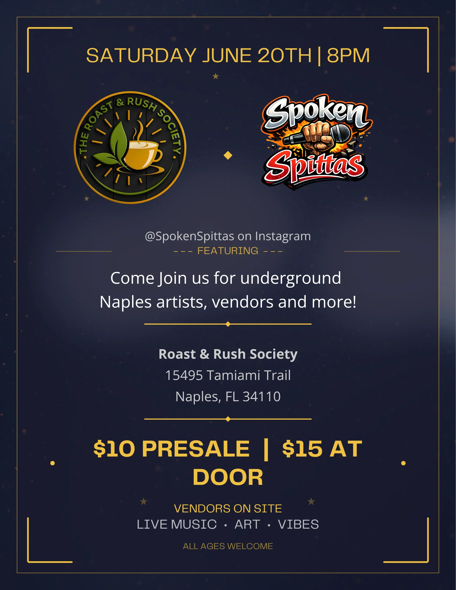 Event flyer for underground music night at Roast & Rush Society