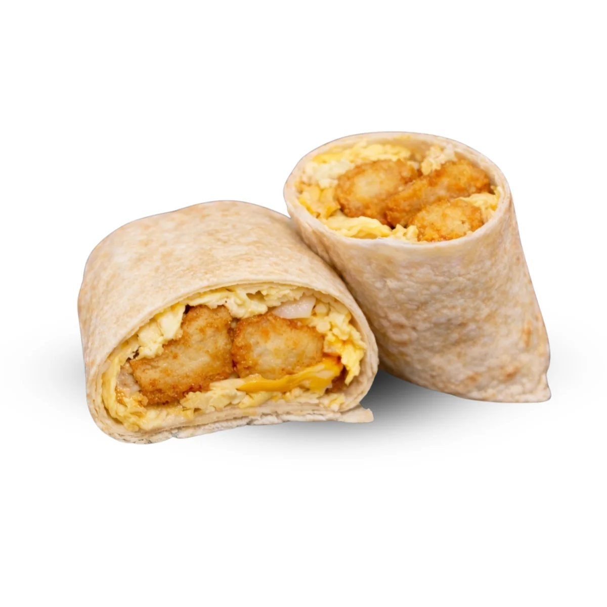 Egg, Tater Tots Burrito – breakfast burrito showing eggs and tater tots filling