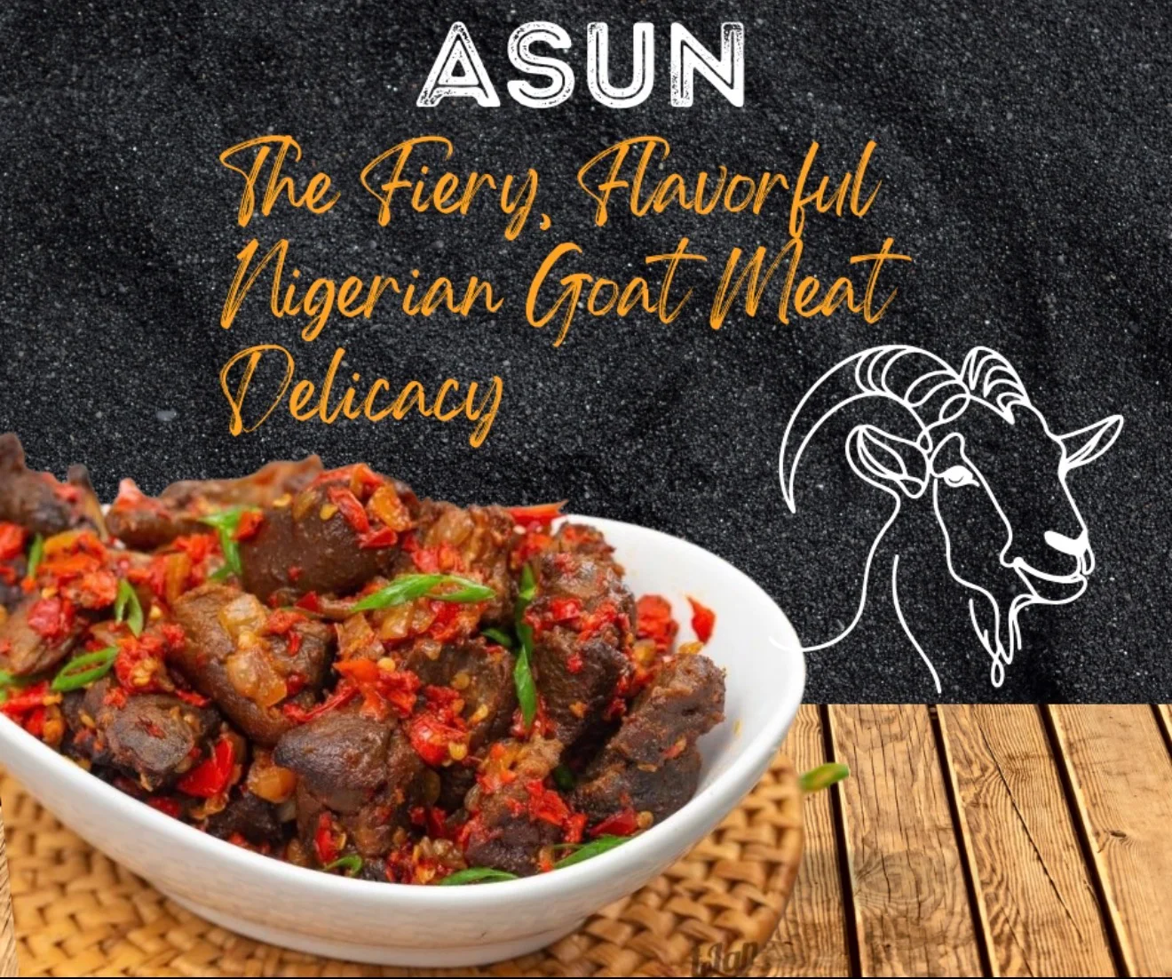 A traditional Nigerian dish featuring spicy goat meat cooked with peppers and garnished with green onions, served in a white bowl.