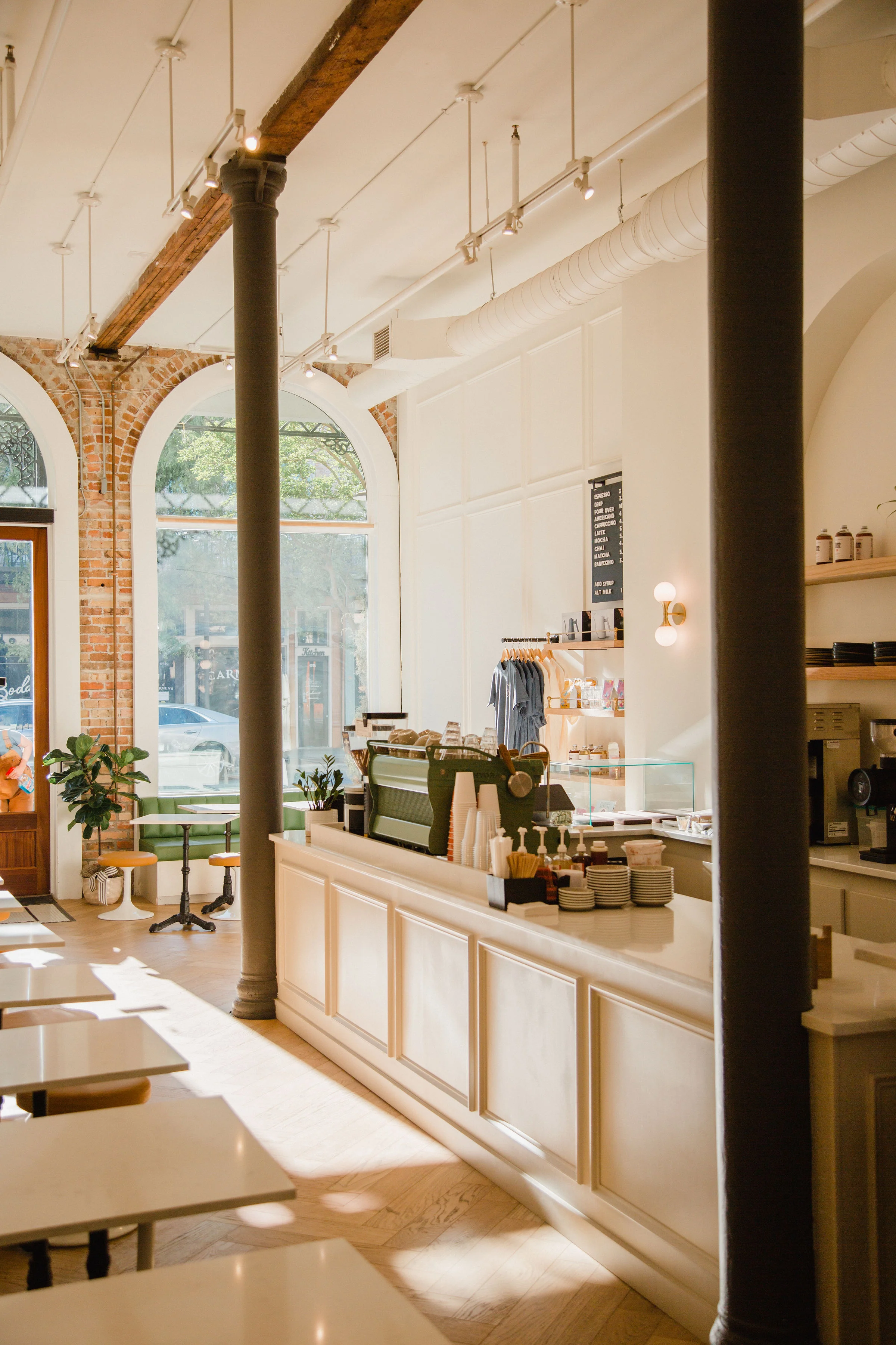 Cozy restaurant interior with exposed brick and modern decor