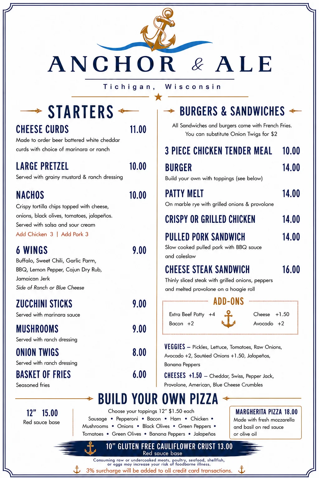 A menu featuring various food items and prices, including starters, burgers, sandwiches, and pizza options. It is themed with an anchor logo.