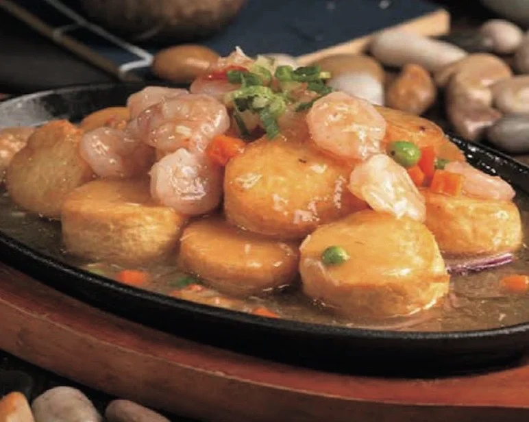 Sizzling shrimp tofu dish from Chinese cuisine