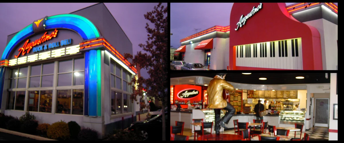 Vibrant restaurant exterior with retro decor and musical theme
