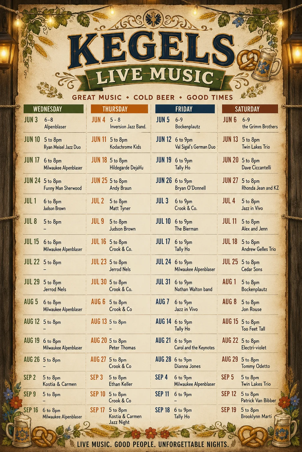 Live music schedule at Kegels with dates and performers listed