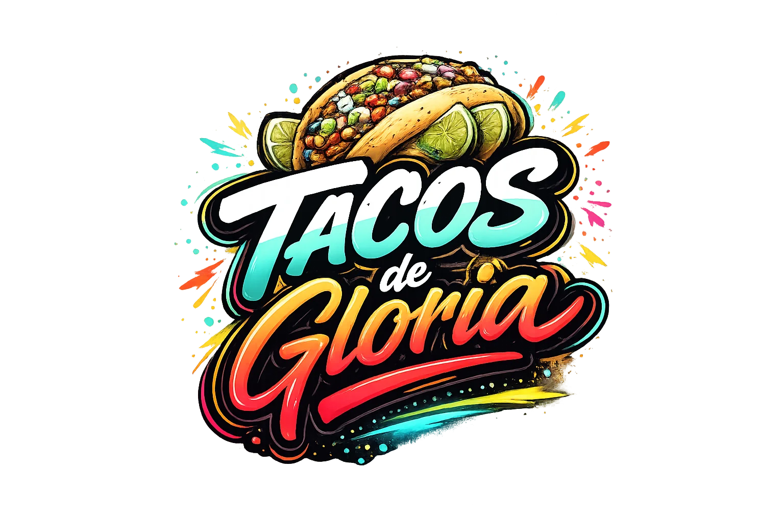 A colorful graphic design featuring a taco with vibrant text and effects. The design has a lively and festive appearance.