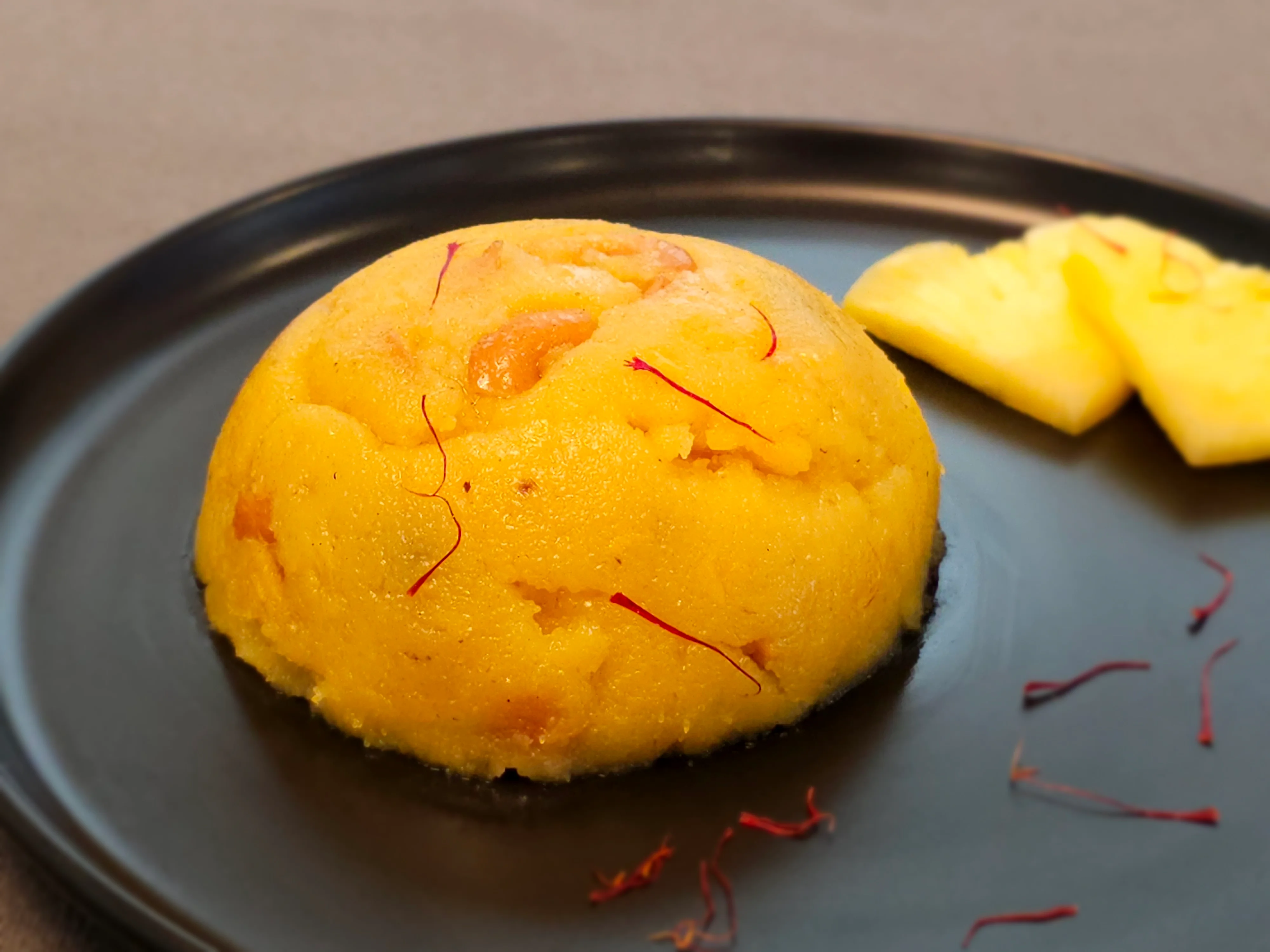 Delicious Indian sooji halwa garnished with saffron