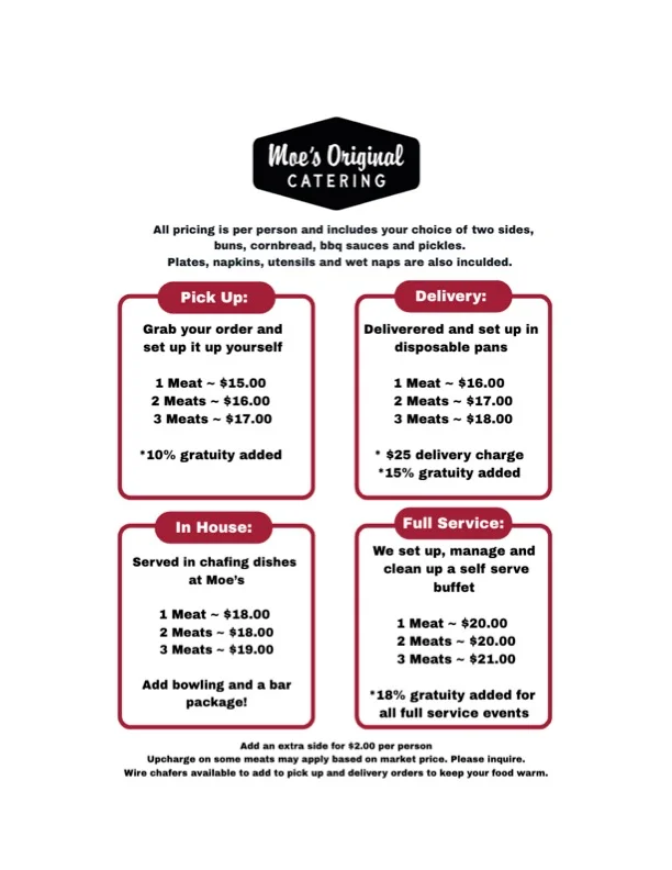 Catering menu with pricing options for pick up, delivery, in-house, and full service.
