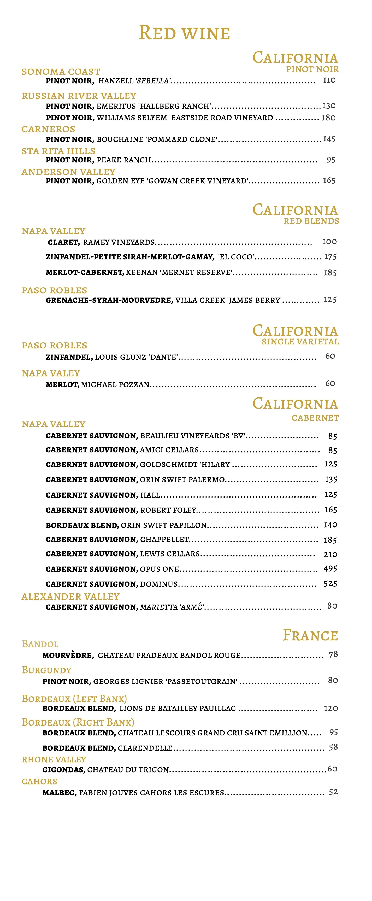California and French red wine menu selection