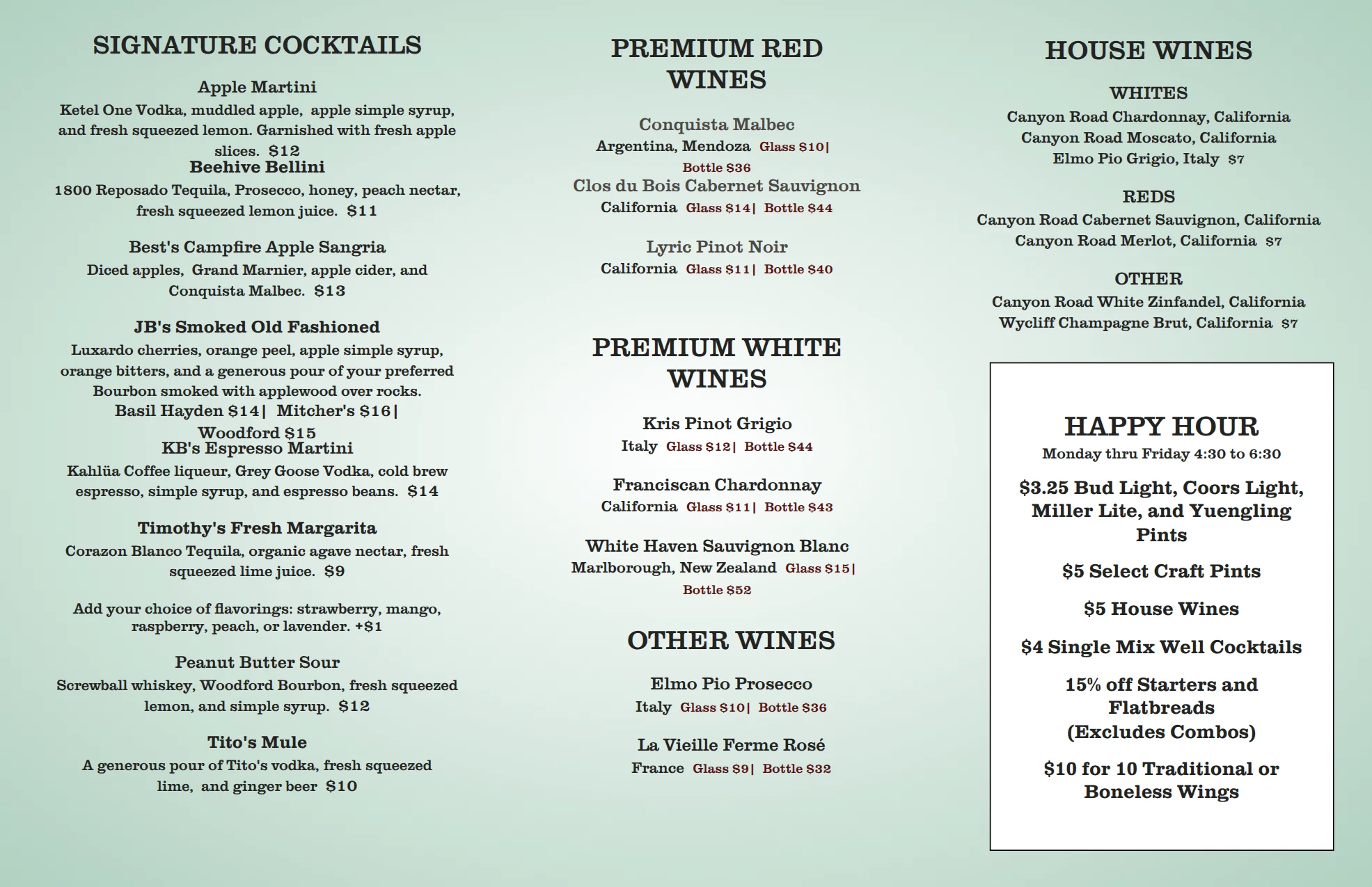 Restaurant cocktail and wine menu with happy hour specials