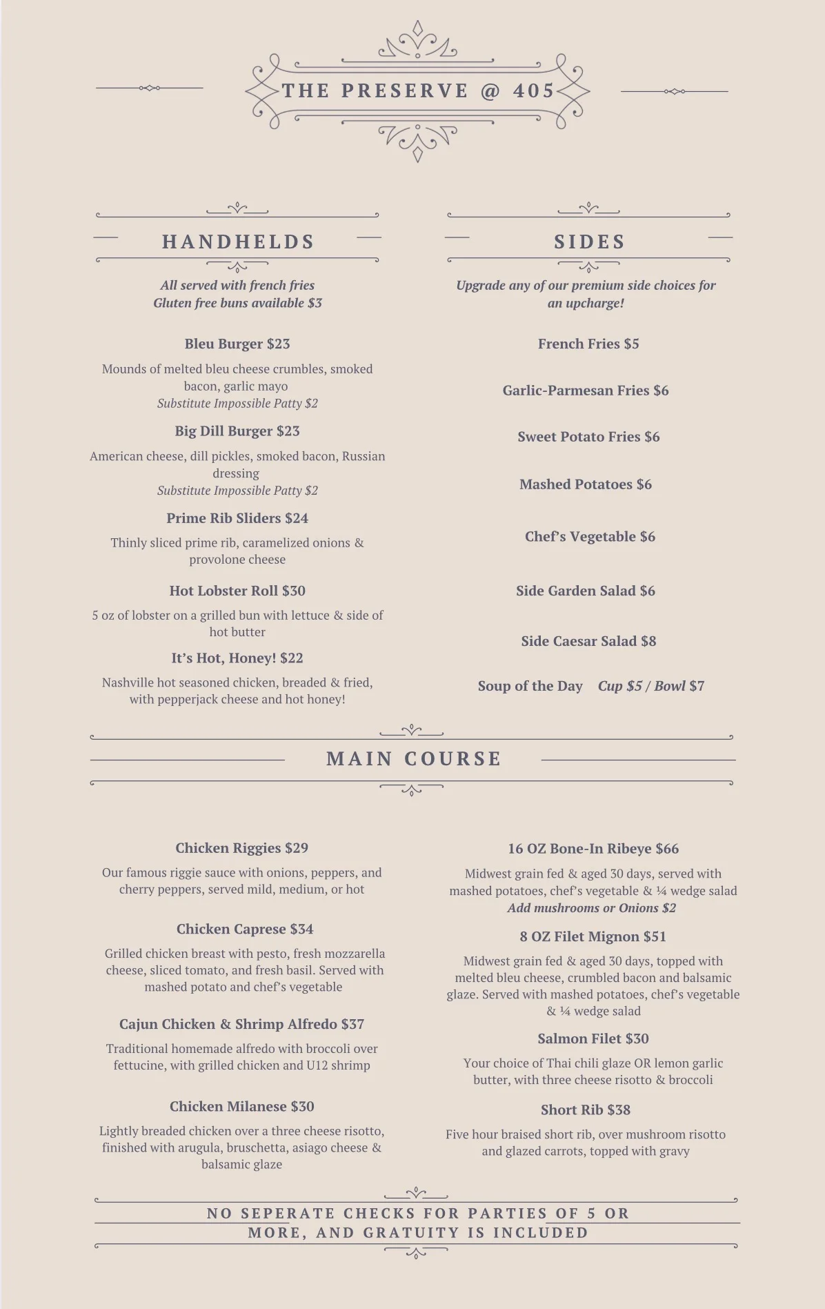 Menu from The Preserve featuring American cuisine and gourmet dishes