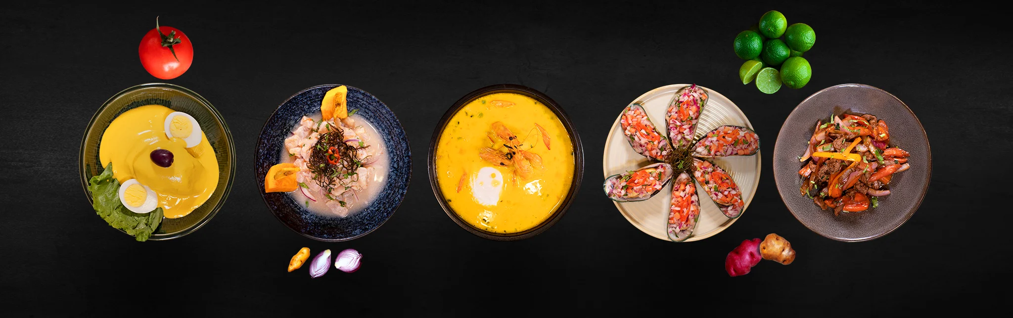 Assorted Latin American dishes including ceviche and seafood stew